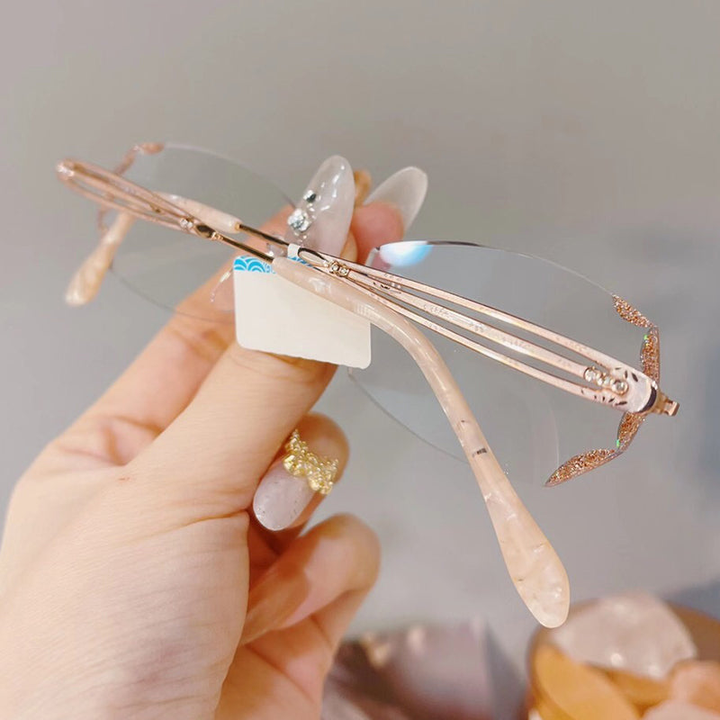 Model 8027 Bluelight Blocking Rimless Glasses Myopia Women Gold Eyeglasses Prescription Nearsighted Frameless Diamond Cutting Eyewear