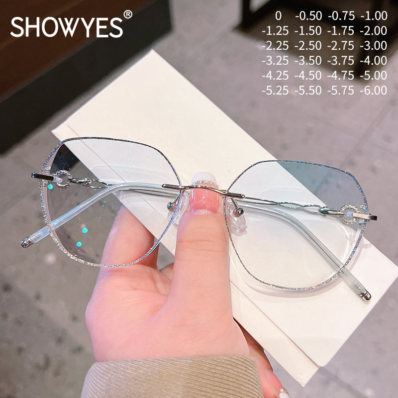 Model 1097 Big Size Luxury Rimless Myopia Women's Eyeglasses Lady Computer Custom Prescription Eyewear Optical Lenses for Women Glasses