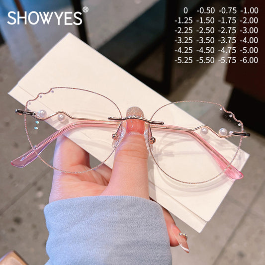 Model 1099 Anti Blue Light Filter Rimless Glasses Myopia Women Prescription Women's Eyewear Oval Frame with Pearl Accessories Lady Eyeglass