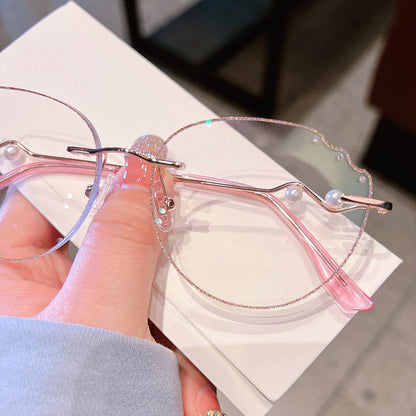 Model 1099 Anti Blue Light Filter Rimless Glasses Myopia Women Prescription Women's Eyewear Oval Frame with Pearl Accessories Lady Eyeglass