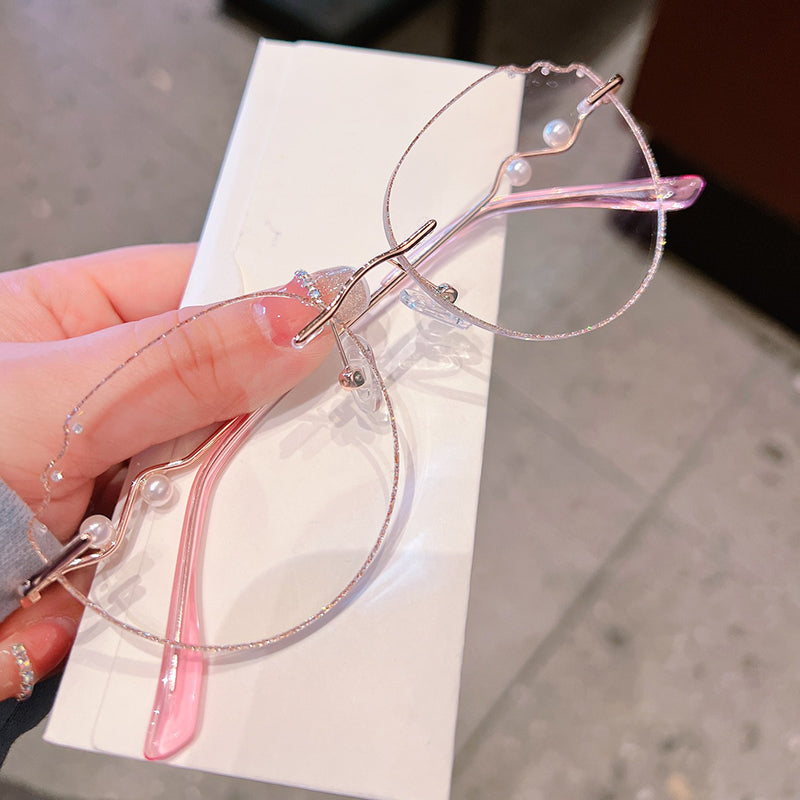 Model 1099 Anti Blue Light Filter Rimless Glasses Myopia Women Prescription Women's Eyewear Oval Frame with Pearl Accessories Lady Eyeglass