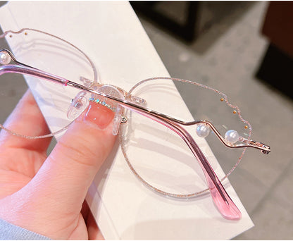 Model 1099 Anti Blue Light Filter Rimless Glasses Myopia Women Prescription Women's Eyewear Oval Frame with Pearl Accessories Lady Eyeglass