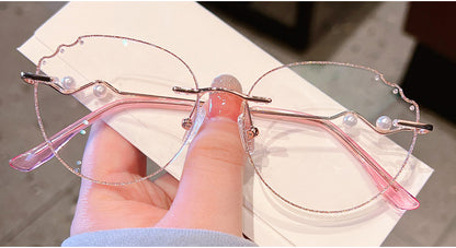 Model 1099 Anti Blue Light Filter Rimless Glasses Myopia Women Prescription Women's Eyewear Oval Frame with Pearl Accessories Lady Eyeglass