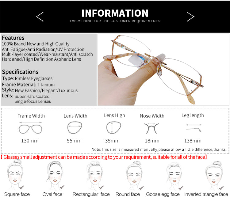 Model 1802 2021 NEW Anti Blue Light Filter Rimless Titanium Myopia Women Glasses Lightweight Women's Prescription Diamond Cutting Eyewear