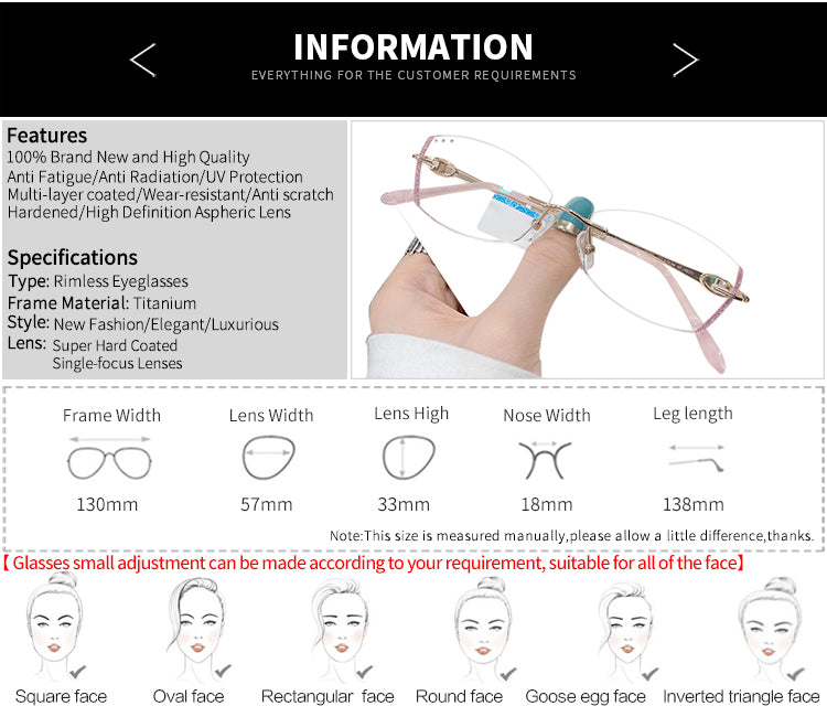 Model 1805 Anti Blue Light Titanium Prescription Glasses Women's Ti Computer Eyeglasses Myopia Fashion Girl Pink Diamond Cutting Eyeglasses