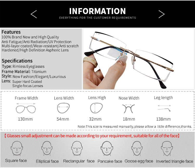 Model  1812 2020 NEW Anti Blue Light Men Titanium Rimless Myopia Glasses Simple And Generous Lens Prescription Diamond Cutting Eyeglasses