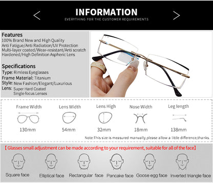 Model  1812 2020 NEW Anti Blue Light Men Titanium Rimless Myopia Glasses Simple And Generous Lens Prescription Diamond Cutting Eyeglasses