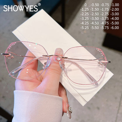 Model 5049 Oversized Blue Light Blocking Women's Myopia Glasses Computer Eyeglasses Purple With Rhinestone Fashion Girl Frameless Eyewear