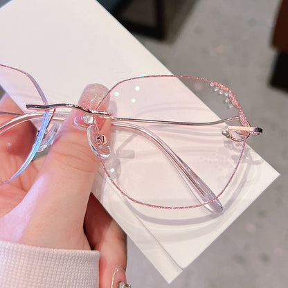 Model 5049 Oversized Blue Light Blocking Women's Myopia Glasses Computer Eyeglasses Purple With Rhinestone Fashion Girl Frameless Eyewear