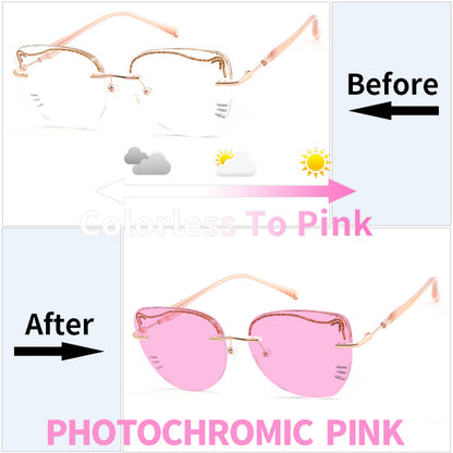 Model 670 Cat Glasses Photochromic Women Myopia Eyeglasses Rimless Custom Prescription Engraved Cat Pattern Decorative For Sun Eyewear