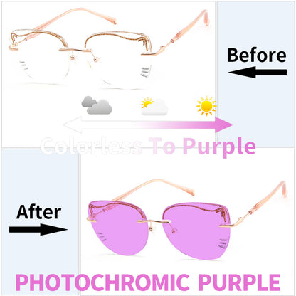 Model 670 Cat Glasses Photochromic Women Myopia Eyeglasses Rimless Custom Prescription Engraved Cat Pattern Decorative For Sun Eyewear