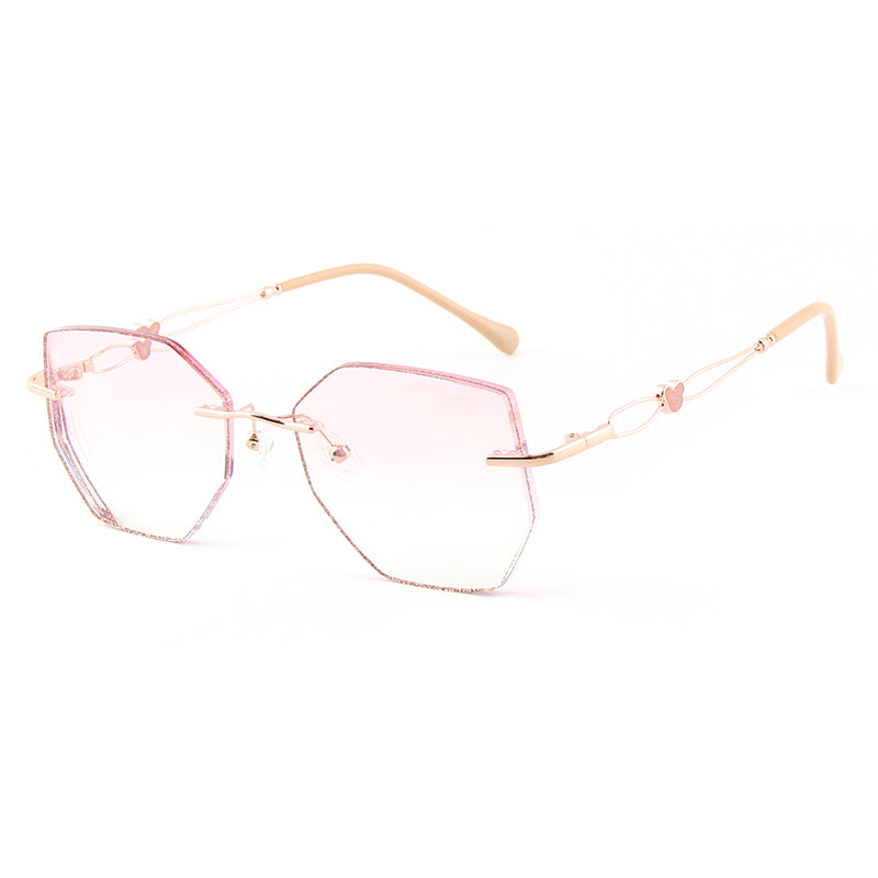 Model 682 Women Decorative Plain Glasses Big Lens With Heart Anti Blue Light Computer Custom Myopia Rimless Eyewear Mouse Pattern Frame