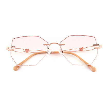 Model 682 Women Decorative Plain Glasses Big Lens With Heart Anti Blue Light Computer Custom Myopia Rimless Eyewear Mouse Pattern Frame