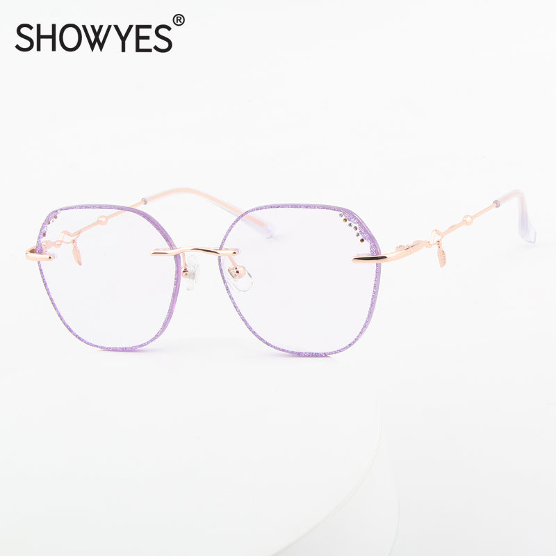 Gafas elegantes de moda para mujer con diamantes morados, gafas sin montura, gafas encantadoras con prescripción personalizada y luz azul