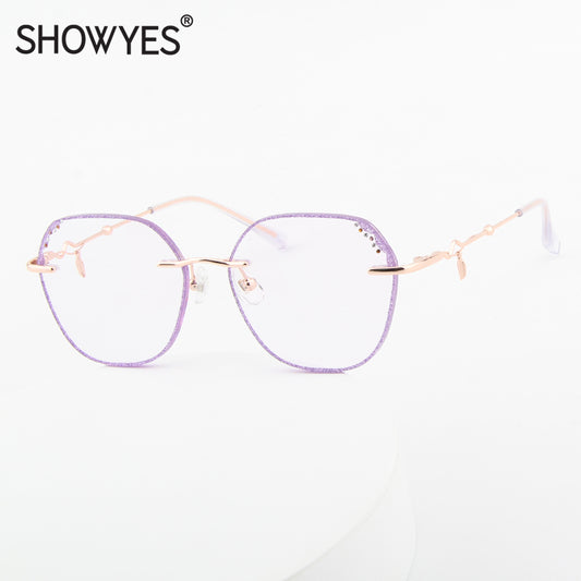 Model 690 Elegant Fashion Women's Eyeglasses With Purple Diamonds Rimless Glasses Anti Blue Light Customized Prescription Charming Eyewear