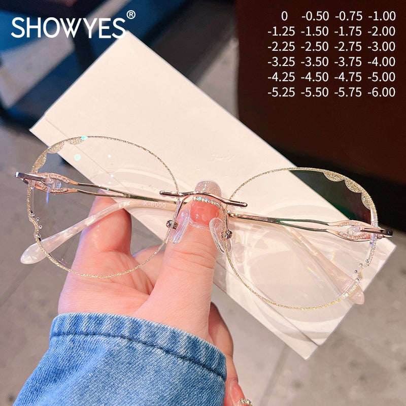 Model 8000 Anti Blue Light Filter Rimless Glasses Myopia Women Prescription Women's Eyeglasses Diamond Accessory Eyewear Round Frames