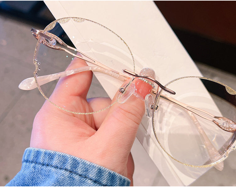 Model 8000 Anti Blue Light Filter Rimless Glasses Myopia Women Prescription Women's Eyeglasses Diamond Accessory Eyewear Round Frames