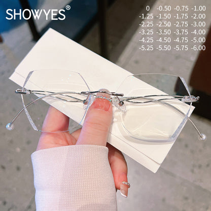 Model 8012 High Clear Lenses Myopia Eyeglasses Women Hexagon Rimless Glasses Customized Lady Prescription With Pearl Chain Zero Eyewear