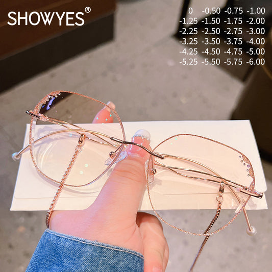 Model 8012G Oversized Anti Blue Light Filter Rimless Glasses Myopia Women Prescription Gold Pearl Chain Accessories Lady Zero Eyeglasses