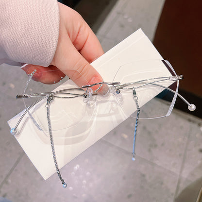 Model 8012 High Clear Lenses Myopia Eyeglasses Women Hexagon Rimless Glasses Customized Lady Prescription With Pearl Chain Zero Eyewear