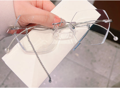 Model 8012 High Clear Lenses Myopia Eyeglasses Women Hexagon Rimless Glasses Customized Lady Prescription With Pearl Chain Zero Eyewear