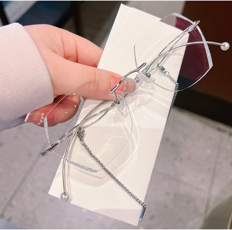 Model 8012 High Clear Lenses Myopia Eyeglasses Women Hexagon Rimless Glasses Customized Lady Prescription With Pearl Chain Zero Eyewear