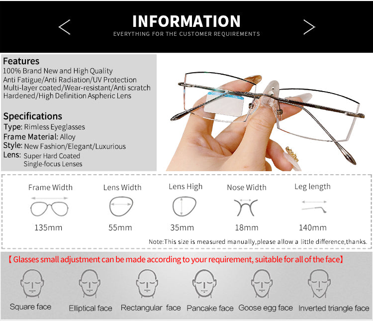 Model 8020 New Business Men Luxury Rimless Myopia Glasses Simple And Generous Lens Frameless Diamond Cutting Bluelight Blocking Eyewear