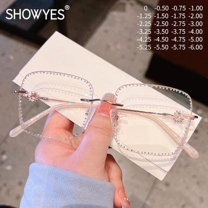 Model 8022 Oversized Anti Blue Light Filter Glasses Myopia Lady Snowflake Eyeglass Full Diamond Optical Lenses Women Prescription Eyewear