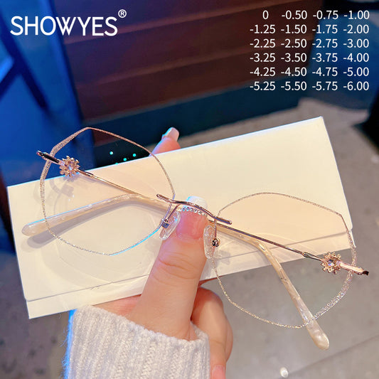 Model 8022 Oversized Bluelight Blocking Filter Rimless Glasses Myopia Optical Lenses for Women Snowflake Legs Women's Eyewear 2022 Trend