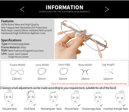 Model 8027 Bluelight Blocking Rimless Glasses Myopia Women Gold Eyeglasses Prescription Nearsighted Frameless Diamond Cutting Eyewear