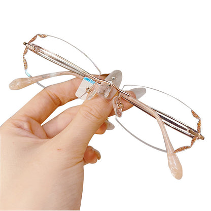 Model 8027 Bluelight Blocking Rimless Glasses Myopia Women Gold Eyeglasses Prescription Nearsighted Frameless Diamond Cutting Eyewear