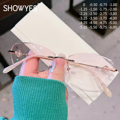 Model 8037 Purple Rimless Glasses Myopia Women Anti Blue Light Prescription Custom Big Rhinestone Frameless for Lady Eyewear Hyperopia