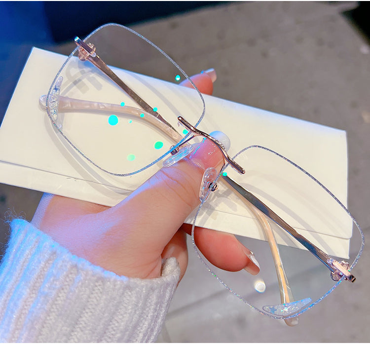 Model 8043 Big Lucky Women Myopia Glasses Oversize Lenses Famous Designer Rimless Eyeglasses Anti Blue Light Computer Prescription Eyewear