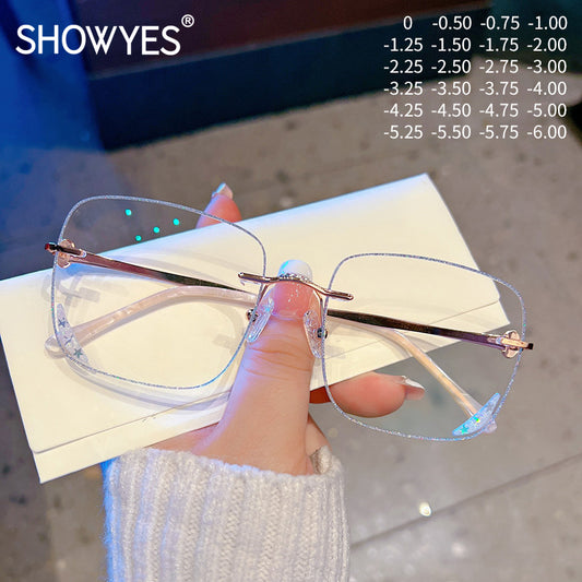 Model 8043 Big Lucky Women Myopia Glasses Oversize Lenses Famous Designer Rimless Eyeglasses Anti Blue Light Computer Prescription Eyewear