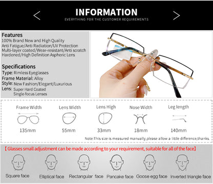 Model 8047 Anti Blue Light Filter Rimless Glasses Myopia Business Men Eyeglasses Prescription Nearsighted Frameless Diamond Cutting Eyewear