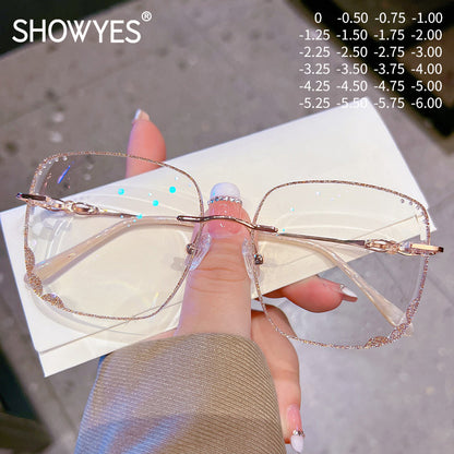 Model 8076 2022 Oversize Women Myopia Eyeglasses Rimless Eye Glasses with Rhinestone Internet Celebrity Casual Anti Blue Light Zero Eyewear