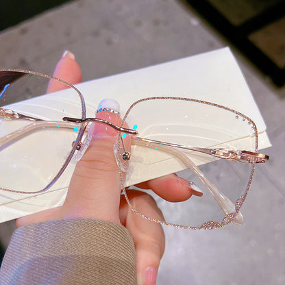 Model 8076 2022 Oversize Women Myopia Eyeglasses Rimless Eye Glasses with Rhinestone Internet Celebrity Casual Anti Blue Light Zero Eyewear