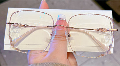 Model 8076 2022 Oversize Women Myopia Eyeglasses Rimless Eye Glasses with Rhinestone Internet Celebrity Casual Anti Blue Light Zero Eyewear