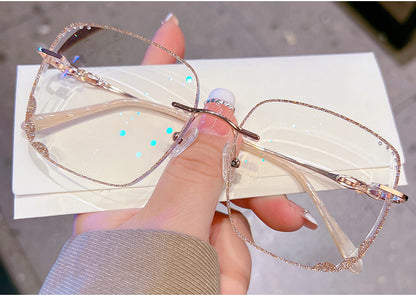 Model 8076 2022 Oversize Women Myopia Eyeglasses Rimless Eye Glasses with Rhinestone Internet Celebrity Casual Anti Blue Light Zero Eyewear