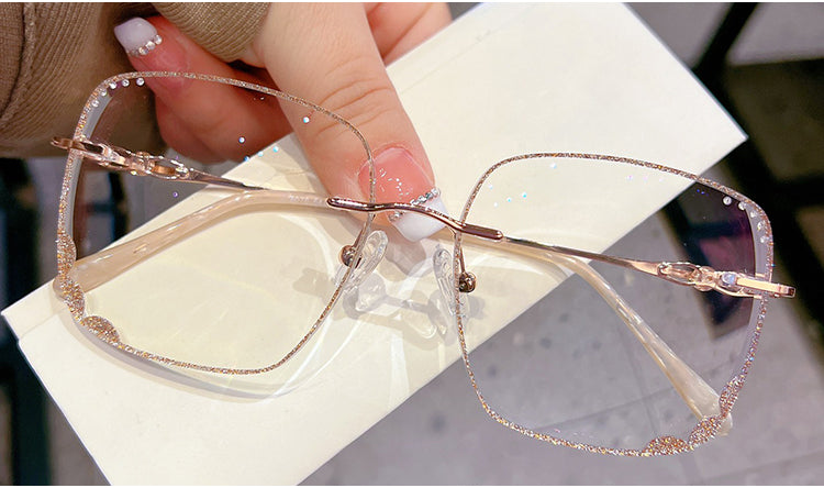 Model 8076 2022 Oversize Women Myopia Eyeglasses Rimless Eye Glasses with Rhinestone Internet Celebrity Casual Anti Blue Light Zero Eyewear