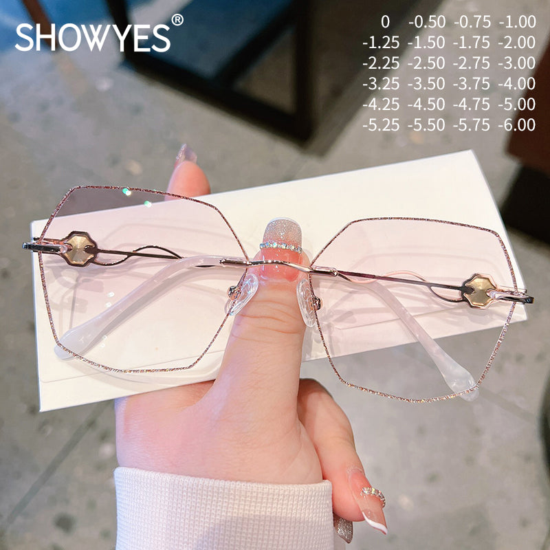 Model 8081 Big Diamond Decoration Myopia Glasses For Women Optical Lenses Rimless Frame Large Rhinestone Anti Blue Light Computer Eyewear