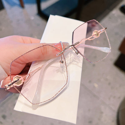 Model 8081 Big Diamond Decoration Myopia Glasses For Women Optical Lenses Rimless Frame Large Rhinestone Anti Blue Light Computer Eyewear