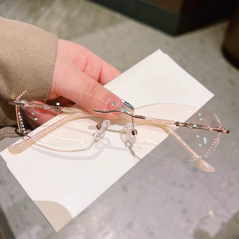 Model 8103 2022 New Women Myopia Eyeglasses Rimless Anti Blue Light Computer Decorative Glasses Clear Lens With Diamond Luxurious Frame