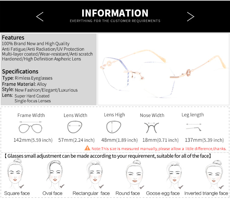 Model 8103 2022 New Women Myopia Eyeglasses Rimless Anti Blue Light Computer Decorative Glasses Clear Lens With Diamond Luxurious Frame