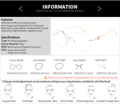 Model 8103 2022 New Women Myopia Eyeglasses Rimless Anti Blue Light Computer Decorative Glasses Clear Lens With Diamond Luxurious Frame