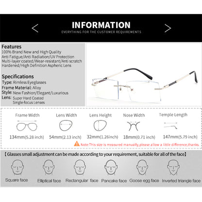 Model 8115 2022 New Business Men Rimless Myopia Minus Sight Glasses Fashion Eyeglasses Optical Lenses Anti Blue Light Custom Recipe Eyewear