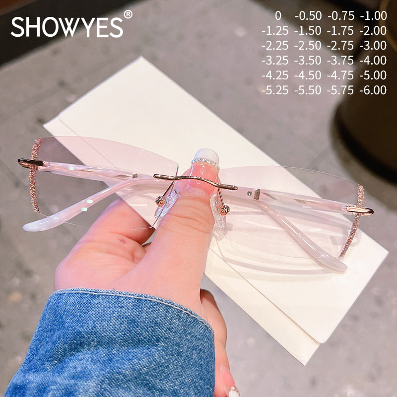 Model 8118 Simple Casual Women's Myopia Glasses Ladies Rimless Frame Eyeglasses Prescription Blue Anti Light Spectacles Leg White Temple