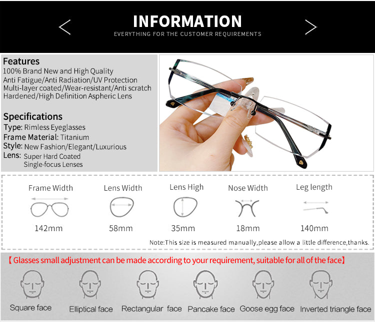 Model 99911 New Business Titanium Anti Blue Light Rimless Glasses Men Myopia Ti Computer Eyeglasses Silver Frameless Gentleman Eyewear