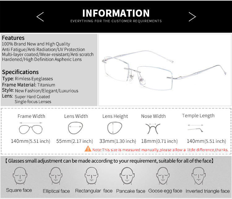 Model DG202 High Clear Men Titanium Glasses Simplicity Business Style Anti Blue Light Framless Myopia Eyeglasses Ti Customized Prescription