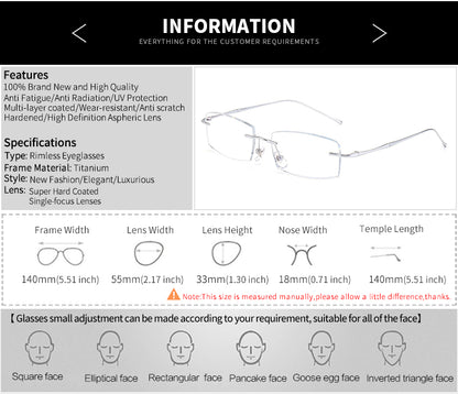 Model DG202 High Clear Men Titanium Glasses Simplicity Business Style Anti Blue Light Framless Myopia Eyeglasses Ti Customized Prescription